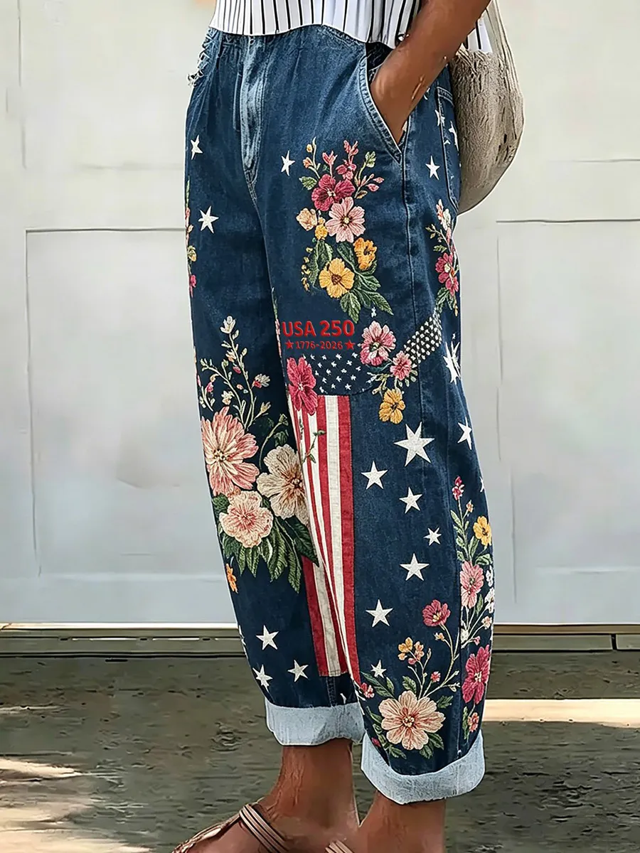 Women's 250th Anniversary Print Faux-Denim Casual Pants