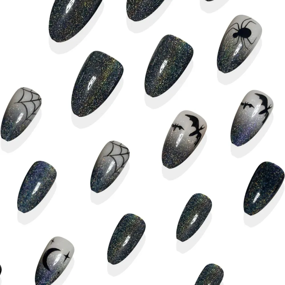 Nailhour 24Pcs Halloween Dark Medium Almond Cat Eye Press On Nails