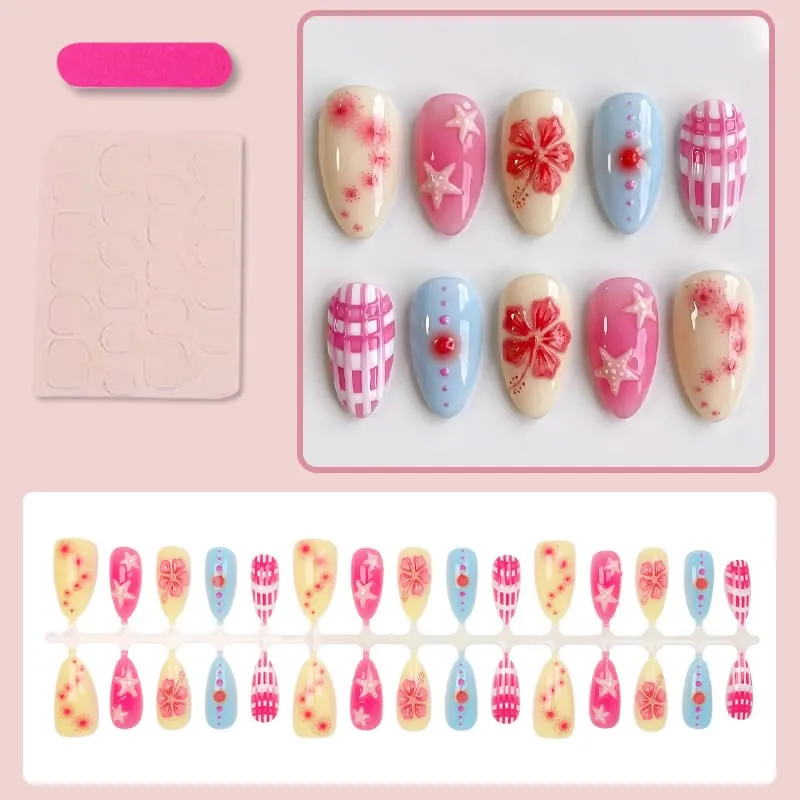 Nailhour 30Pcs Pink & Blue Color Block Medium Almond French Press On Nails