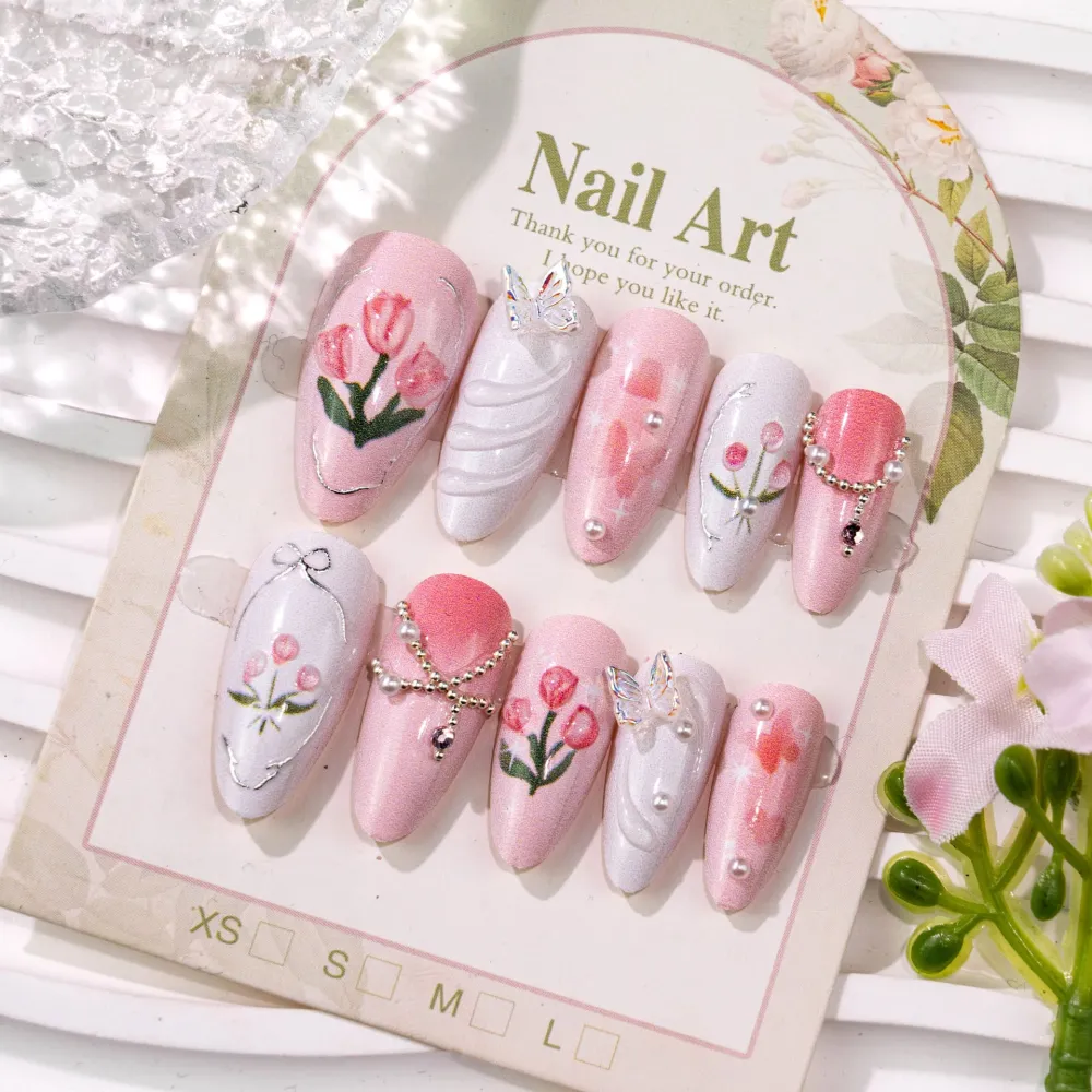 Nailhour 24Pcs Pink Tulip Medium Almond French Press On Nails