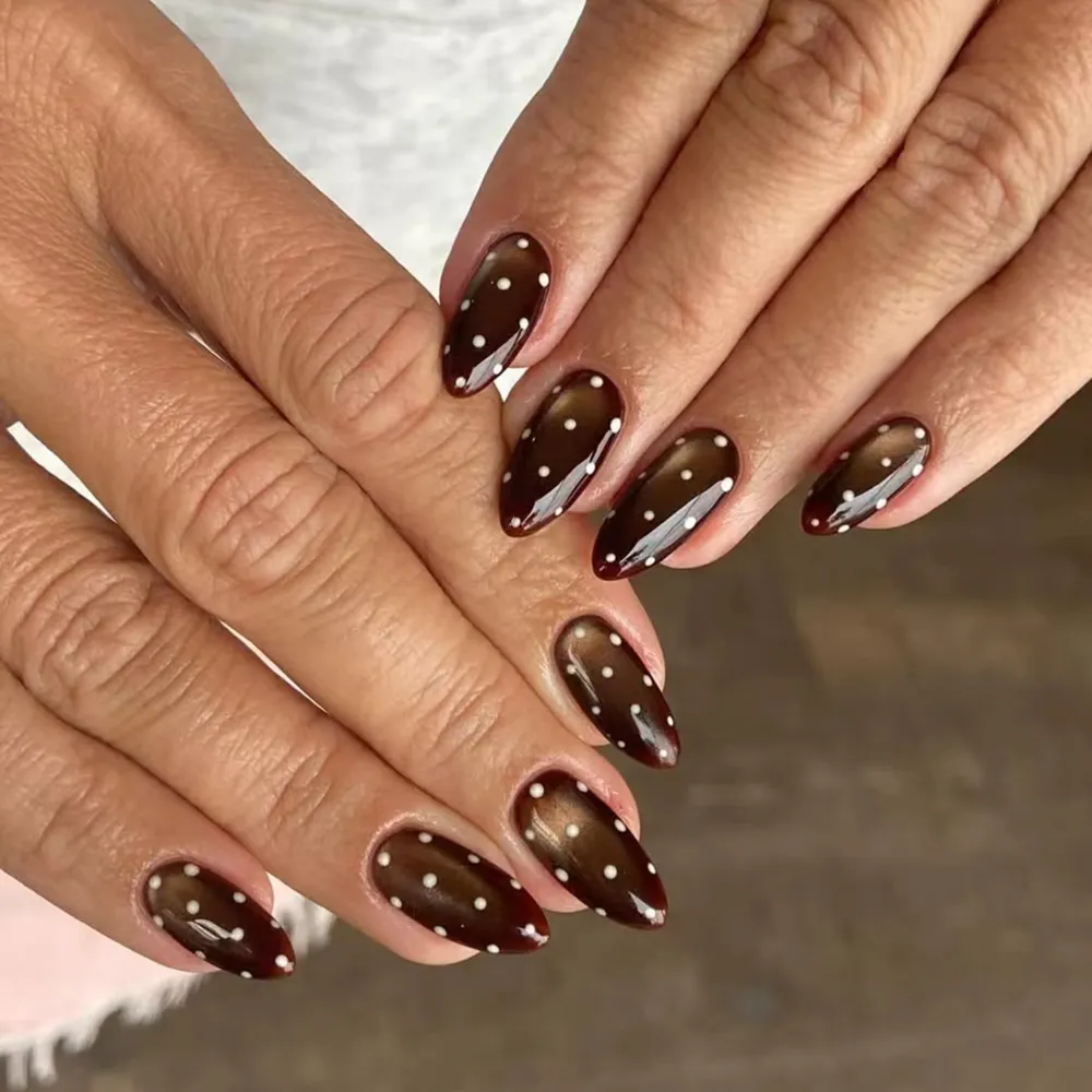 Nailhour 24Pcs Autumn Brown Glitter Medium Almond Press On Nails
