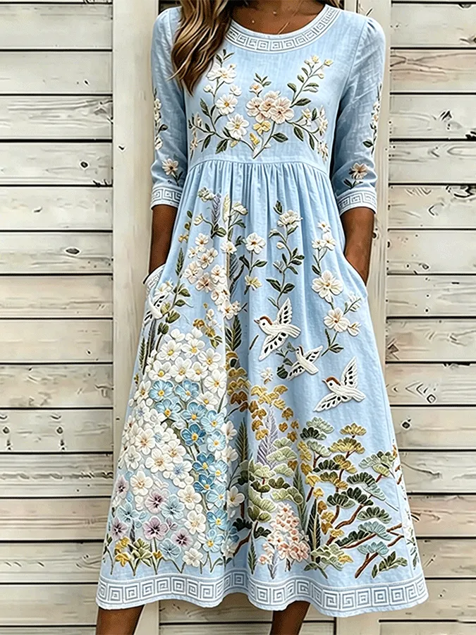 Vintage Floral & Birds Art Cozy Linen Maxi Dress