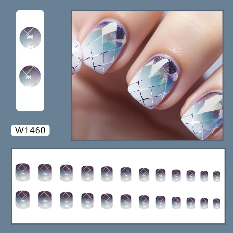 Nailhour 24Pcs Blooming Plaid Short Short Press On Nails