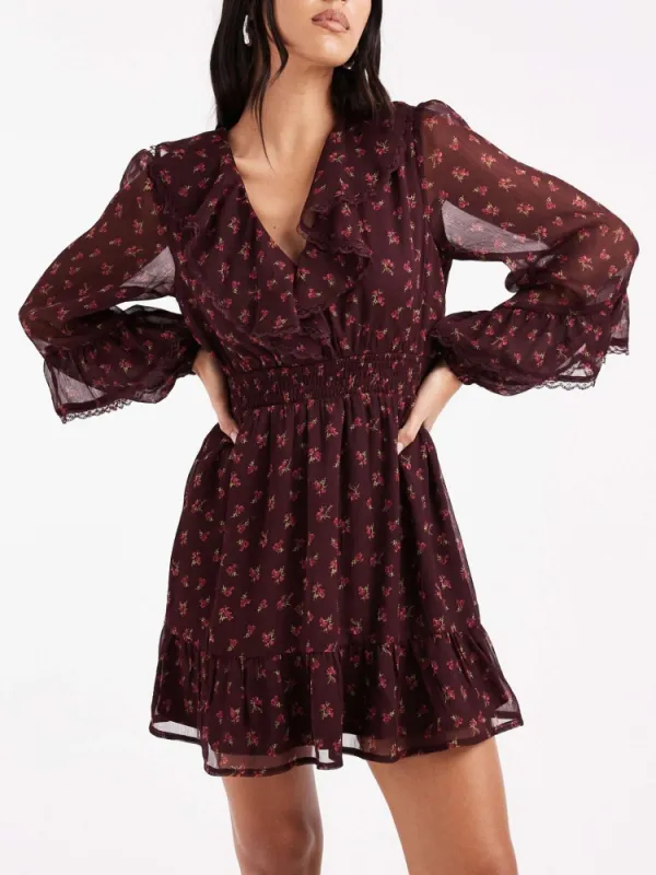Ruffled V-Neck Long Sleeve Dress