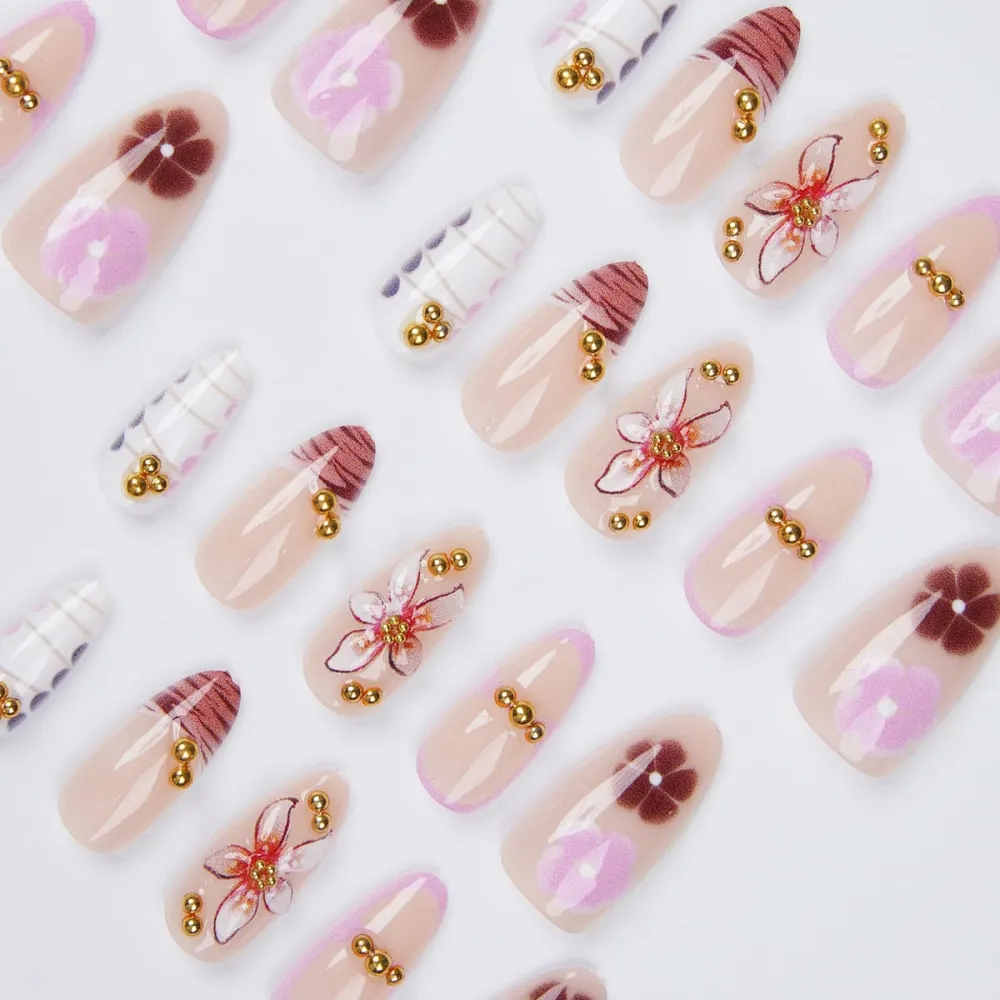 Nailhour 30Pcs Multicolor Floral 3D Gradient Medium Almond French Press On Nails