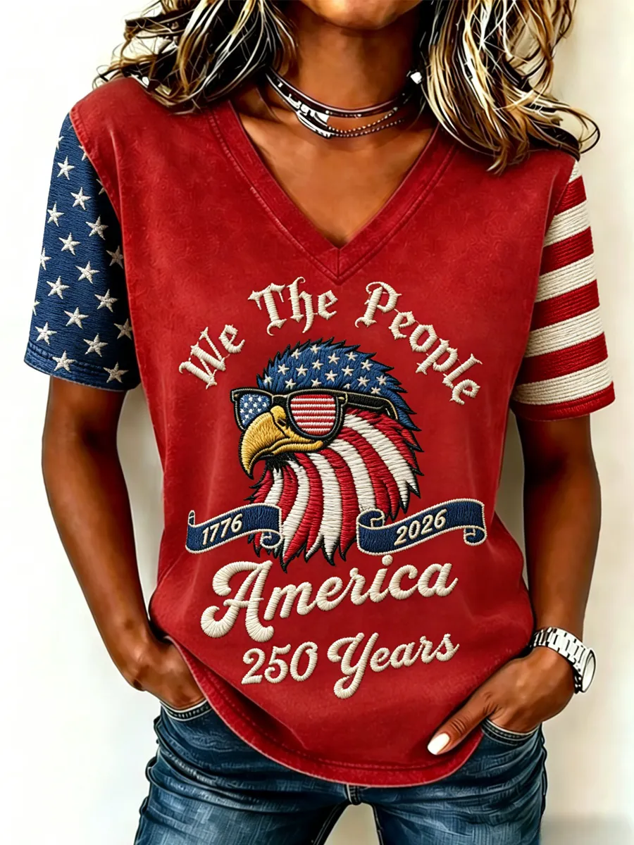 Women'S America Flag Floral Print Casual V-Neck T-Shirt