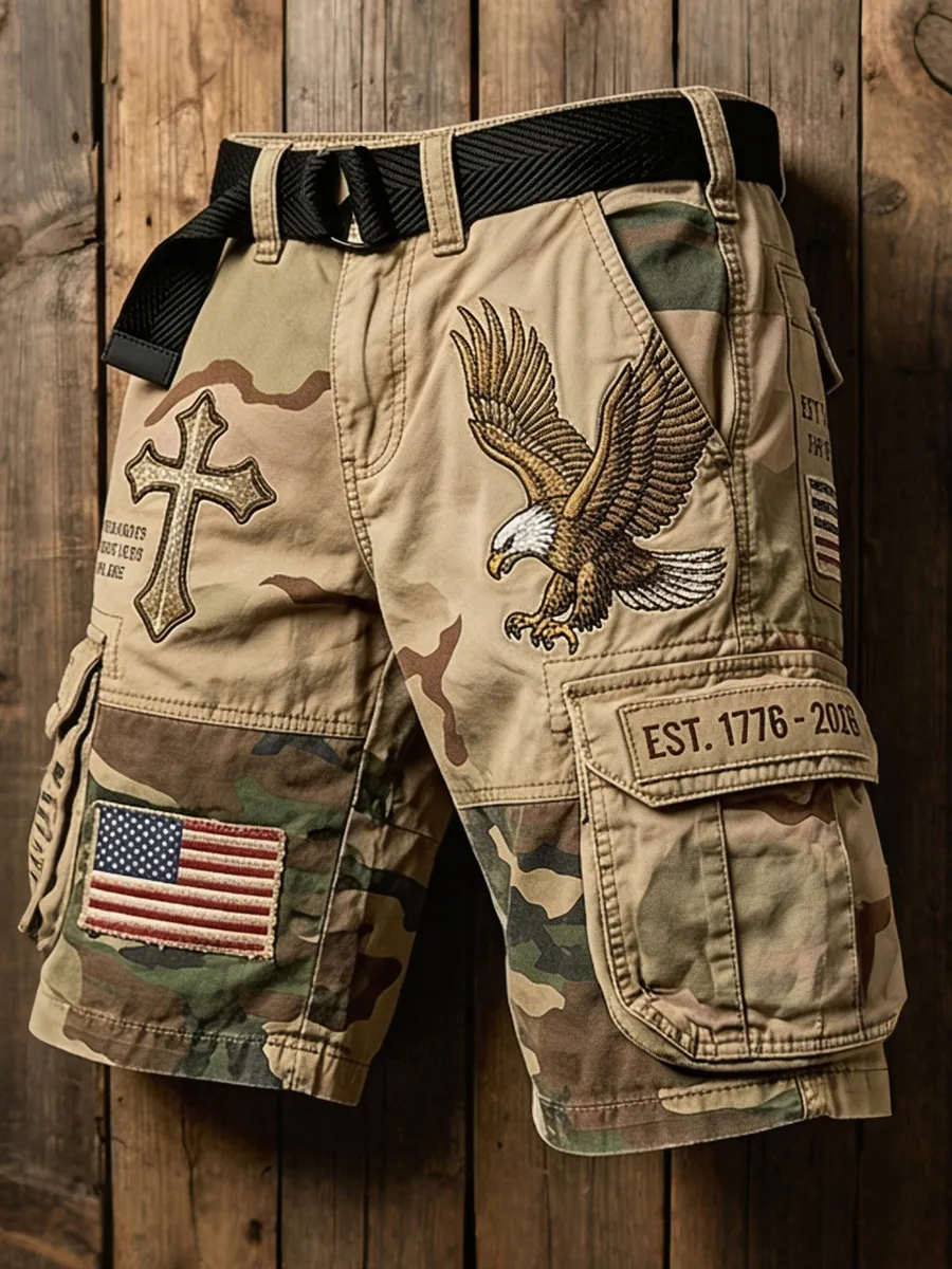 Retro Eagles & Faith Camo Print Men's Casual Shorts