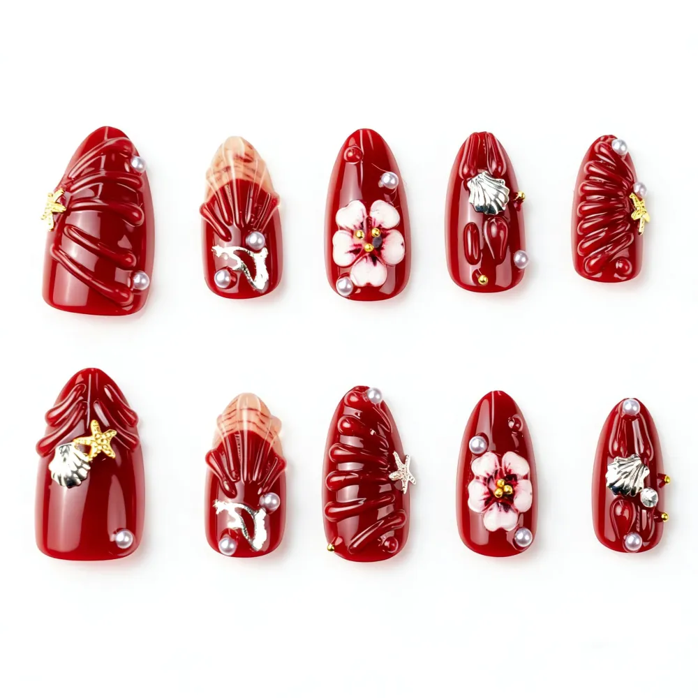 Nailhour 30Pcs Floral 3D Medium Almond Red French Press On Nails