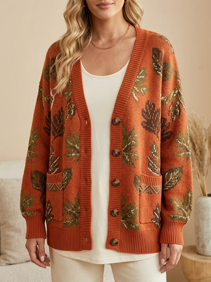 Soft Maple Leaf Pattern Patterned Women's Knit Cardigan