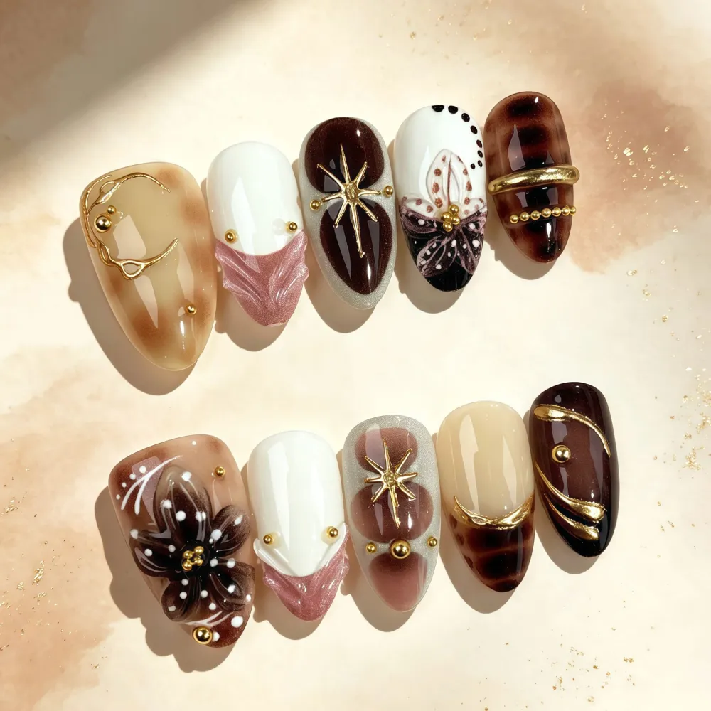 Nailhour 30Pcs Carved Gilded 3D Medium Almond French Press On Nails