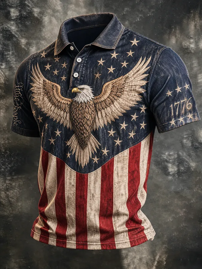 Men'S American Flag Print Casual Polo Shirt