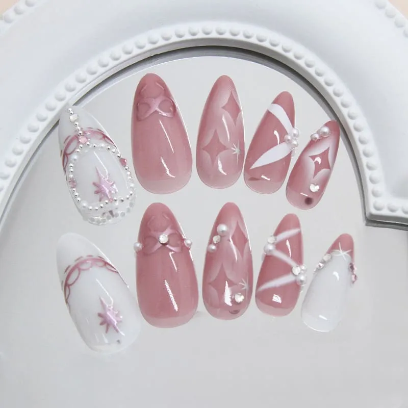 Nailhour 24Pcs French 3D Pink Vintage Medium Almond Press On Nails