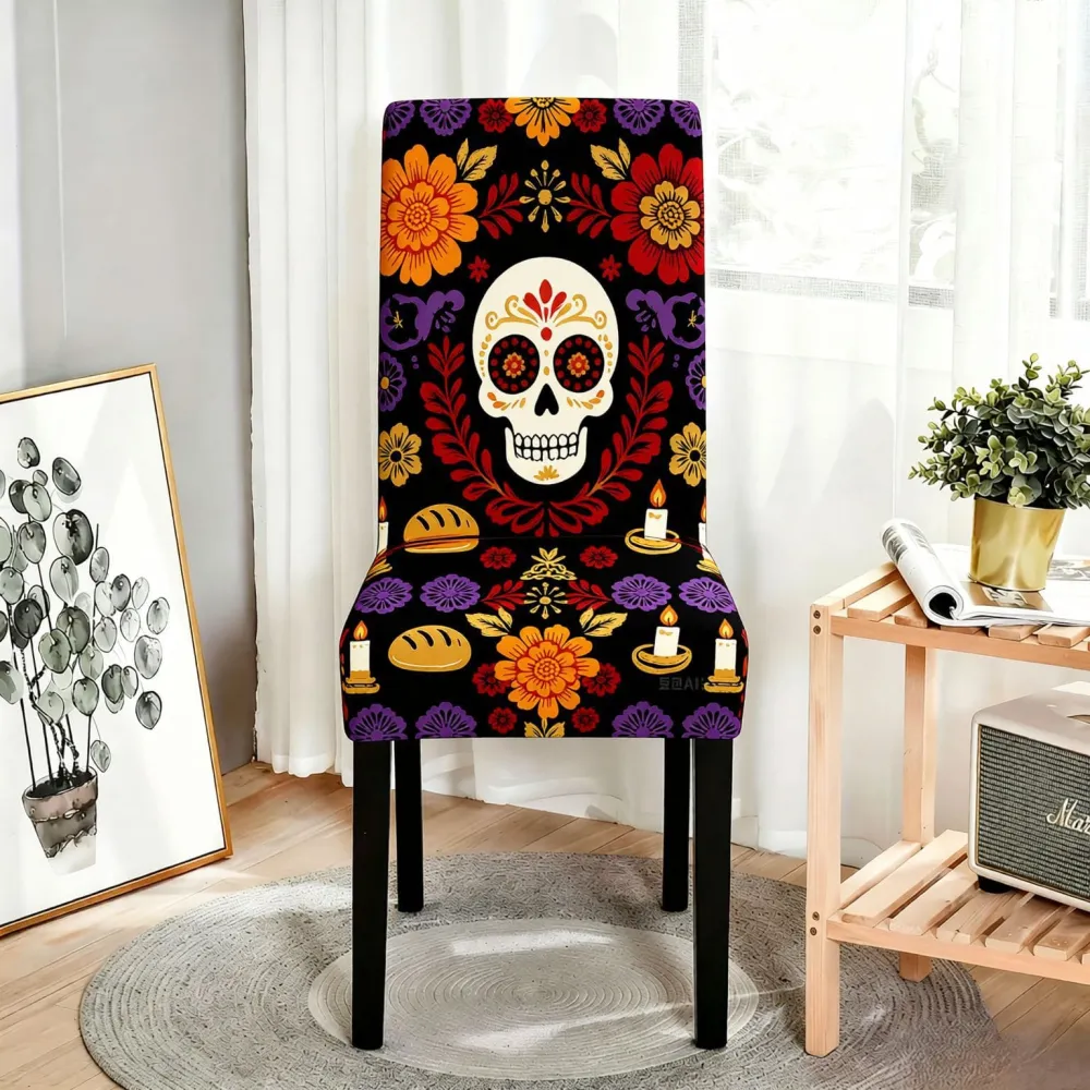 2Pcs Halloween Flower Skull Dining Chair Decoration Chair Cover