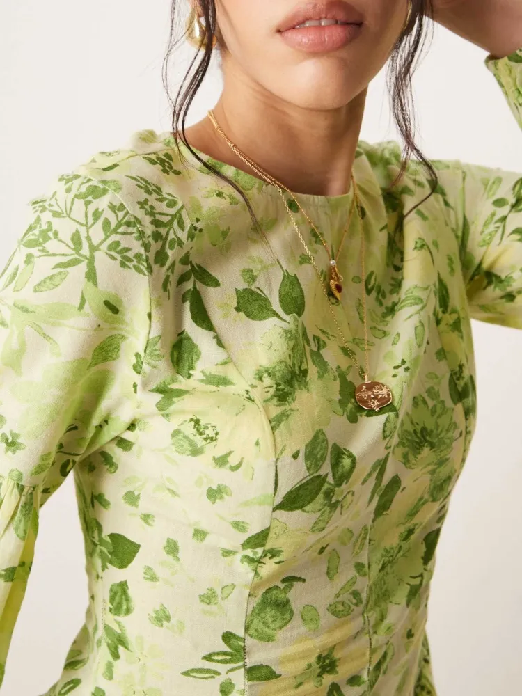 Plant Print Crew Neck Maxi Dress
