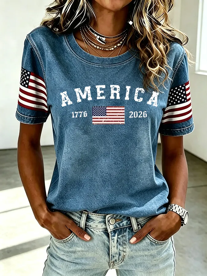 Women'S  America Flag Printed Casual T-Shirt