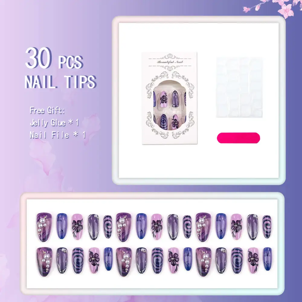 Nailhour 30Pcs Gilded Multicolor 3D Medium Almond Press On Nails