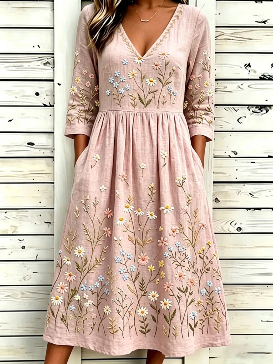 Women'S Cotton And Linen Casual Printed Dress