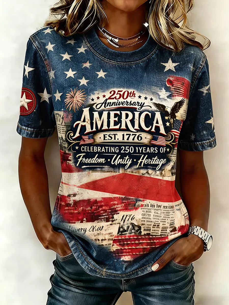 250Th Anniversary Of American Patriotism Retro Printed Women'S Short Sleeved T-Shirt