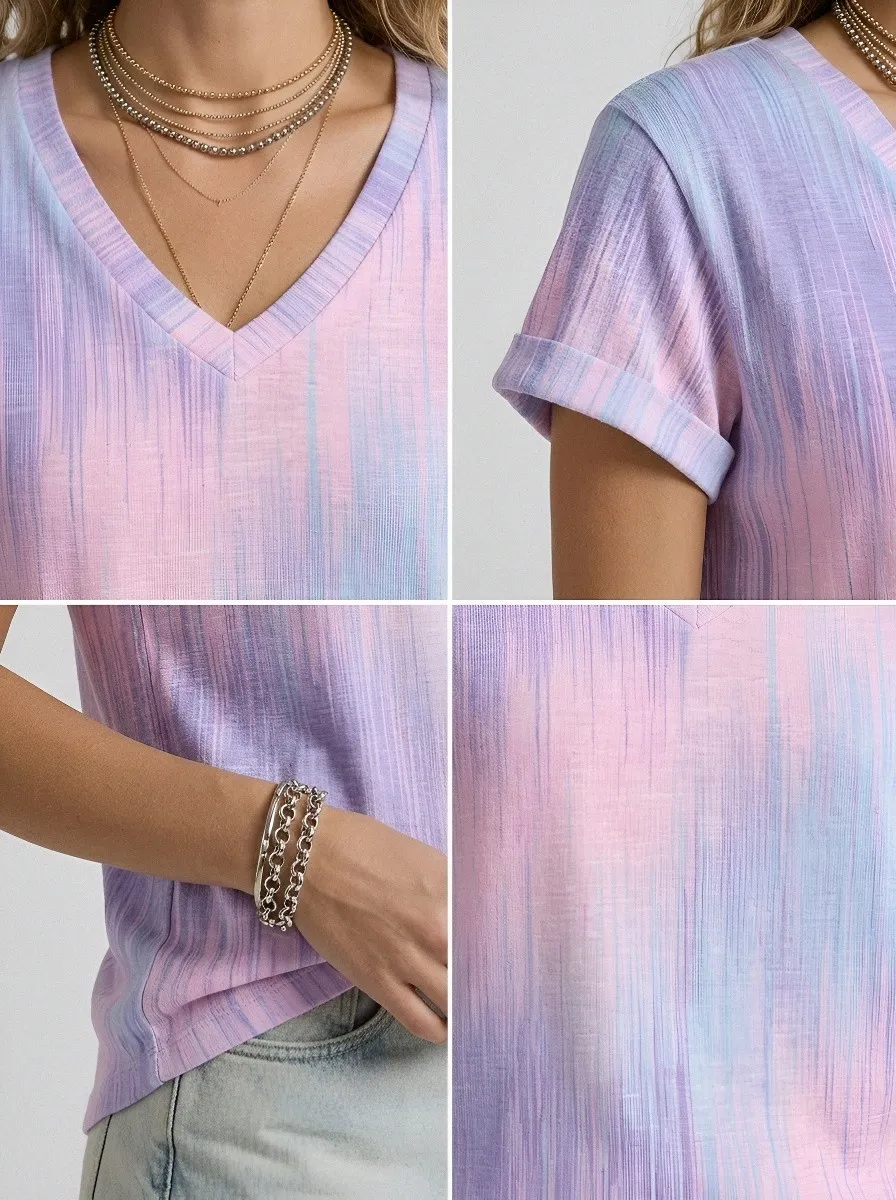 Women's Breast Cancer Awareness Pink Purple Vertical Stripe Printed V-neck T-shirt