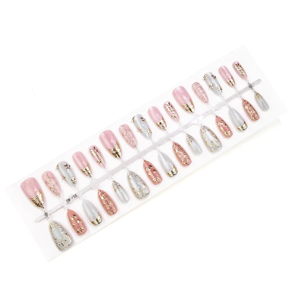 Nailhour 30Pcs French Glitter Floral Gilded Medium Almond Press On Nails