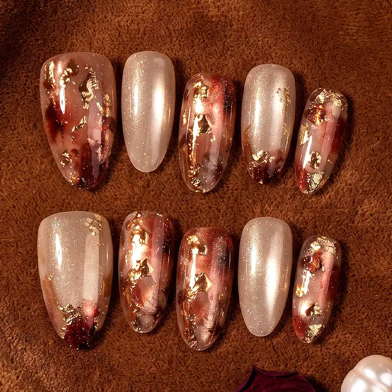Nailhour 30Pcs Vintage Amber Medium Almond French Press On Nails