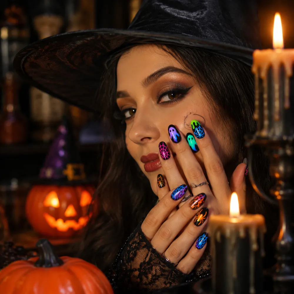 Nailhour 24Pcs Halloween Medium Almond Luminous Ghost Press On Nails
