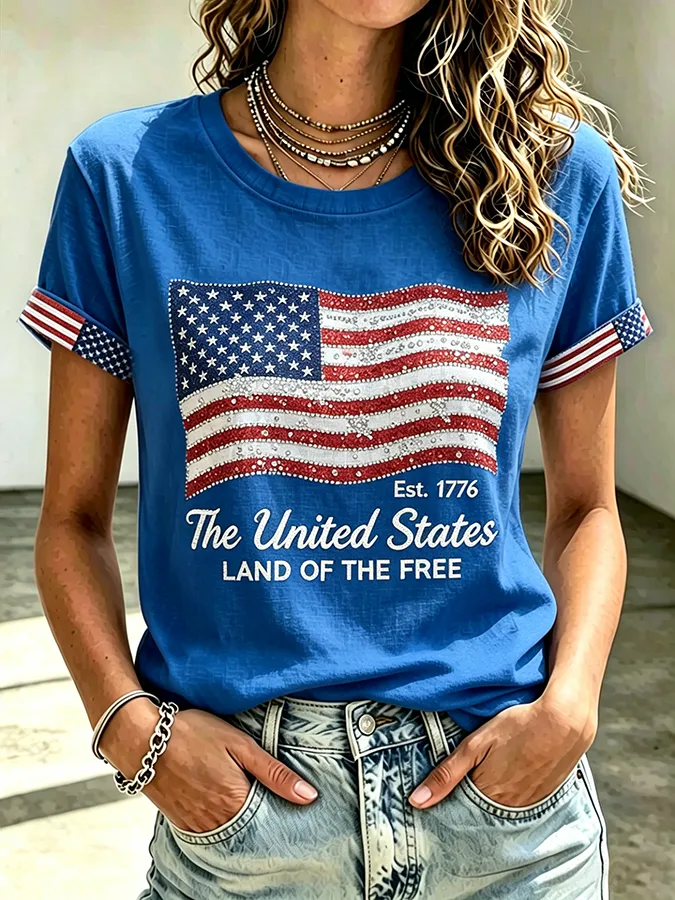 Ladies' Casual American 250Th Anniversary Commemorative Glitter Printed Round Neck Short Sleeved T-Shirt
