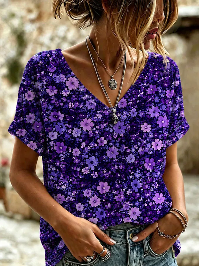 Women's Alzheimer's Awareness Flower Printed T-shirt
