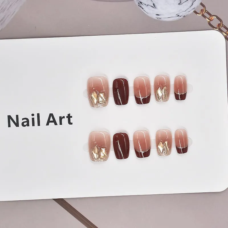 Nailhour 10Pcs French Cat Eye Rhinestone Short Square Press On Nails