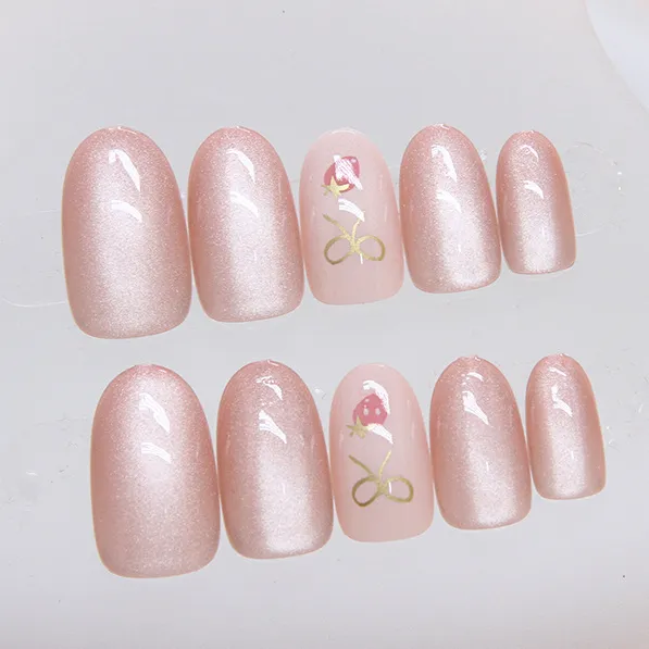 Nailhour Oval Strawberry 24Pcs Cute Short Cat Eye Press On Nails