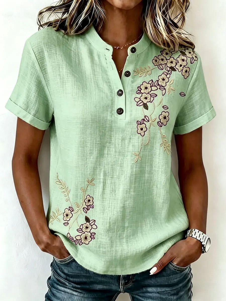 Women'S Short-Sleeved Cotton And Linen Casual Top