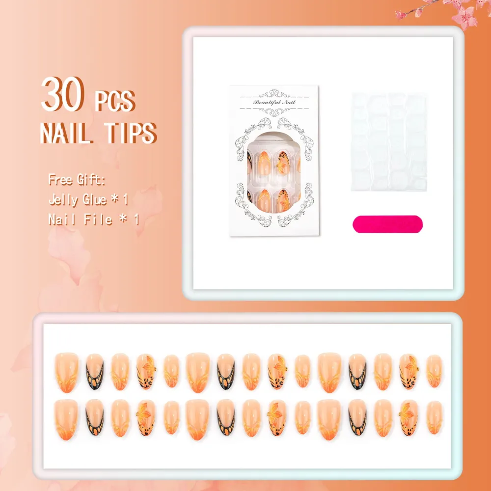 Nailhour 30Pcs Orange Leopard Print 3D Medium Almond French Press On Nails