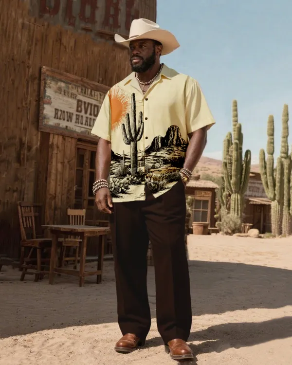 Men'S Western Wind Desert Cactus Print-Cuban Collar Short Sleeve Shirt