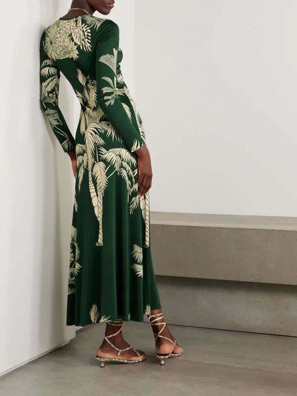 V-Neck Tropical Print Long Dress