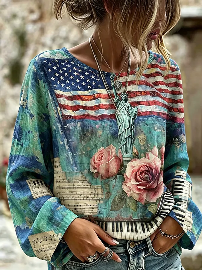 Women'S Casual Cotton Linen American Flag Gradient Personalized Printed Long Sleeved Round Neck T-Shirt