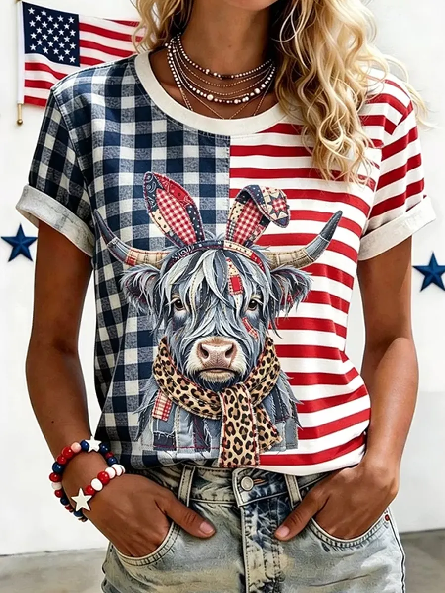American Flag and Highland Cow Patchwork Design Women's Vintage T-Shirt