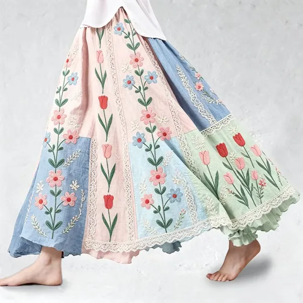 Classy Cottagecore Floral Embroidery Art Flowy Linen Skirt