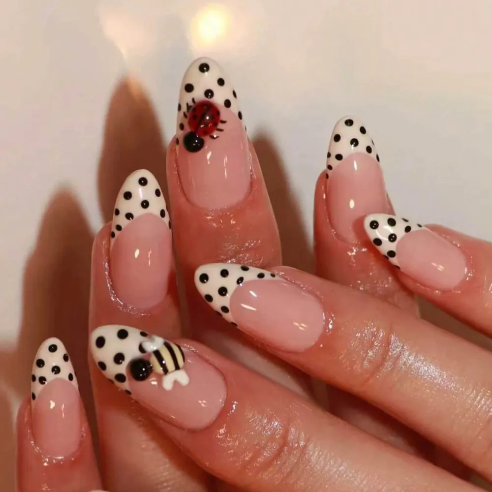 Nailhour 30Pcs French Medium Almond Bumblebee Polka Dot Press On Nails