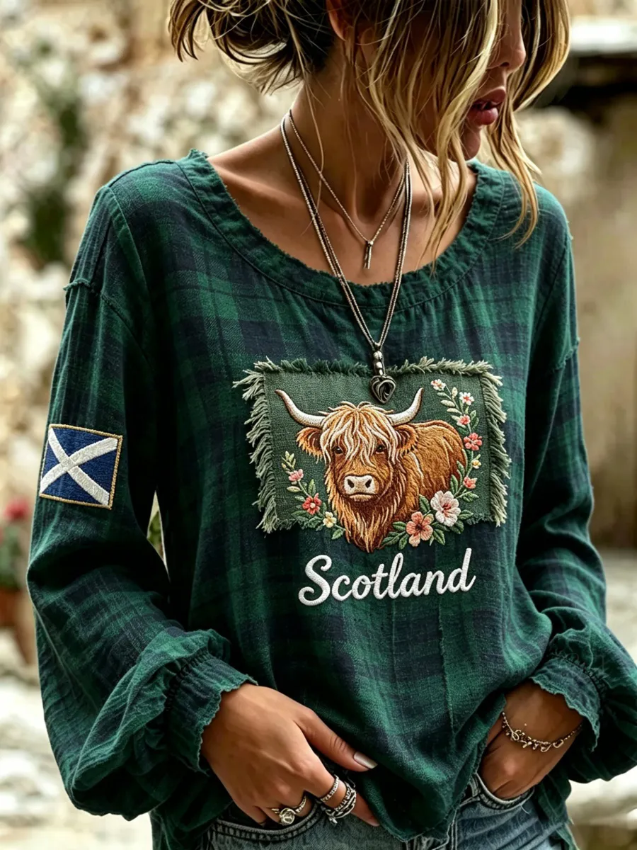Scottish Highland Cattle Design Women's Cotton-Linen Shirt