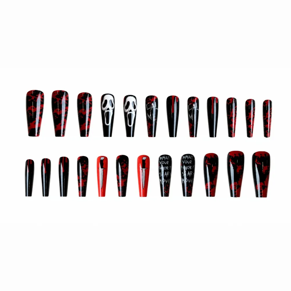 Nailhour 24Pcs Gothic Halloween Terrifying Face Extra Long Coffin Press On Nails