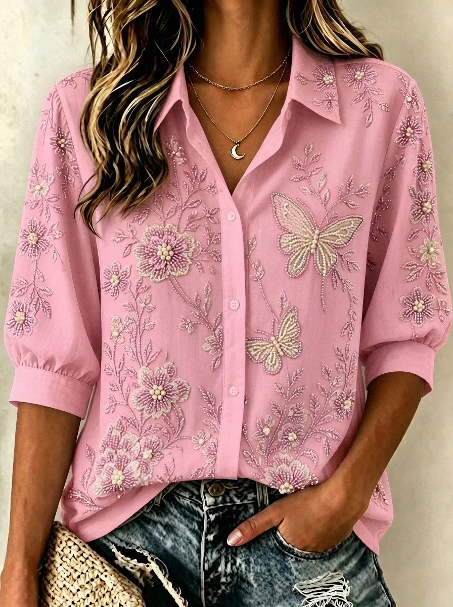 Women's Breast Cancer Awareness Butterfly Floral Beaded Printed Shirt