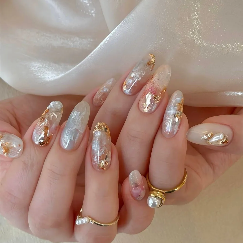 Nailhour 10Pcs Multicolor French Gilded Medium Oval Press On Nails