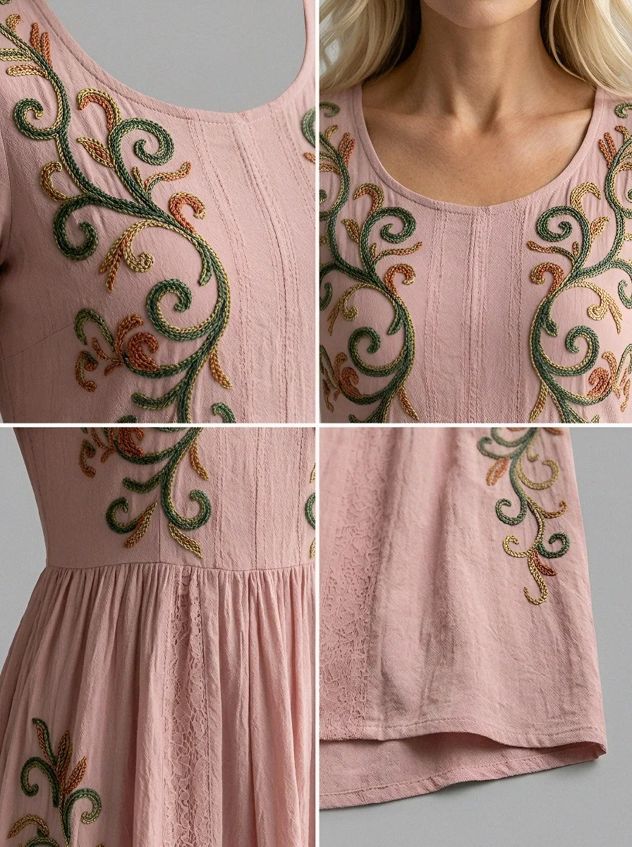 Women's Breast Cancer Awareness Floral Embroidery Printed Dress