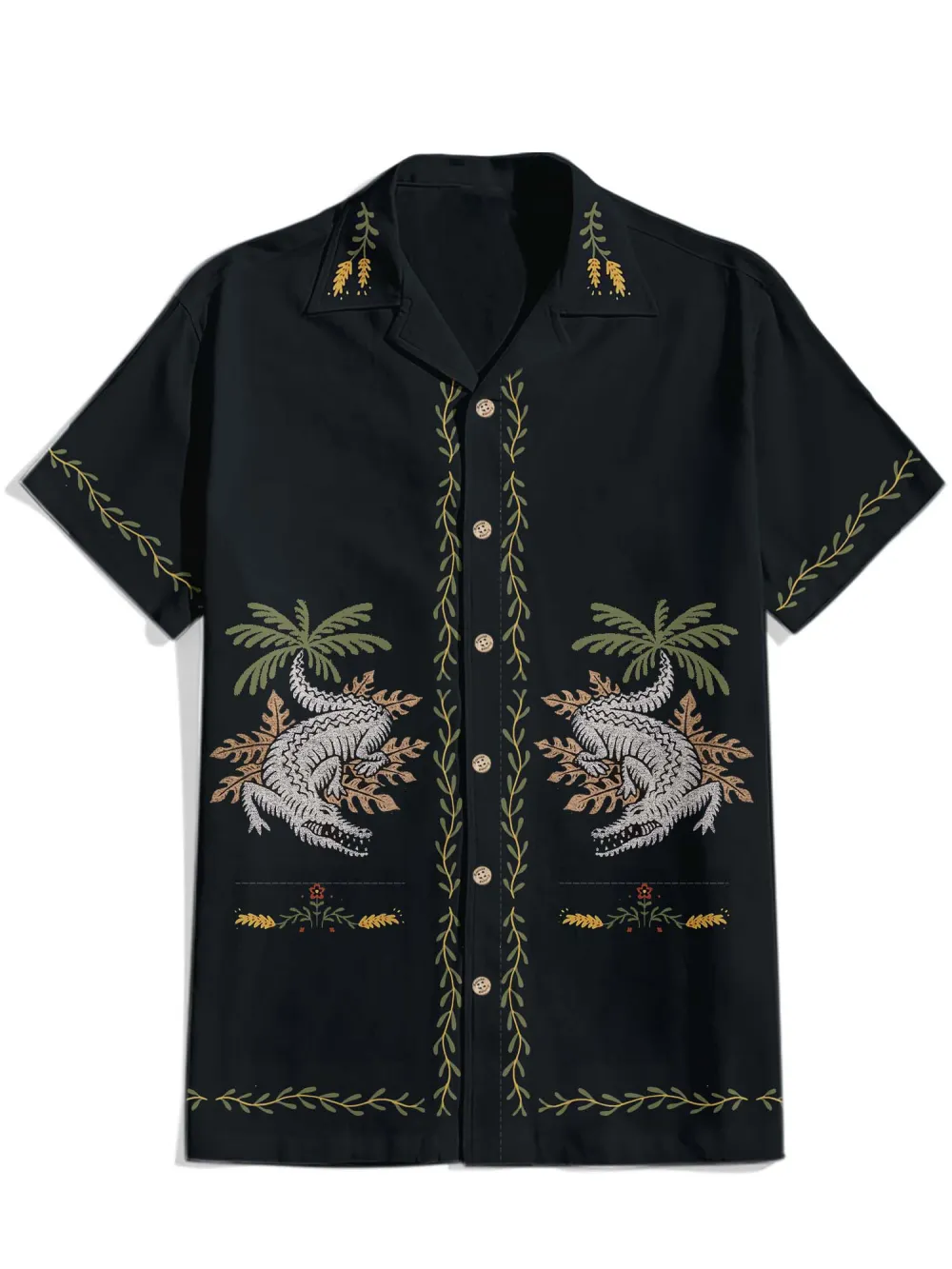 Crocodile And Coconut Tree - 100% Cotton Cuban Collar Shirt