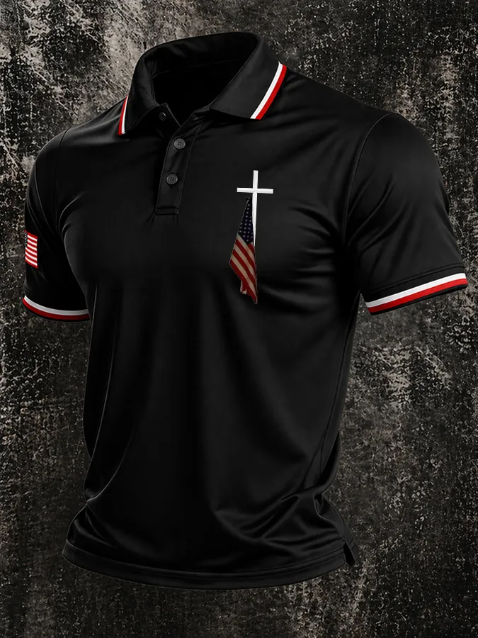 Men'S Cross Flag Print Casual Polo Shirt