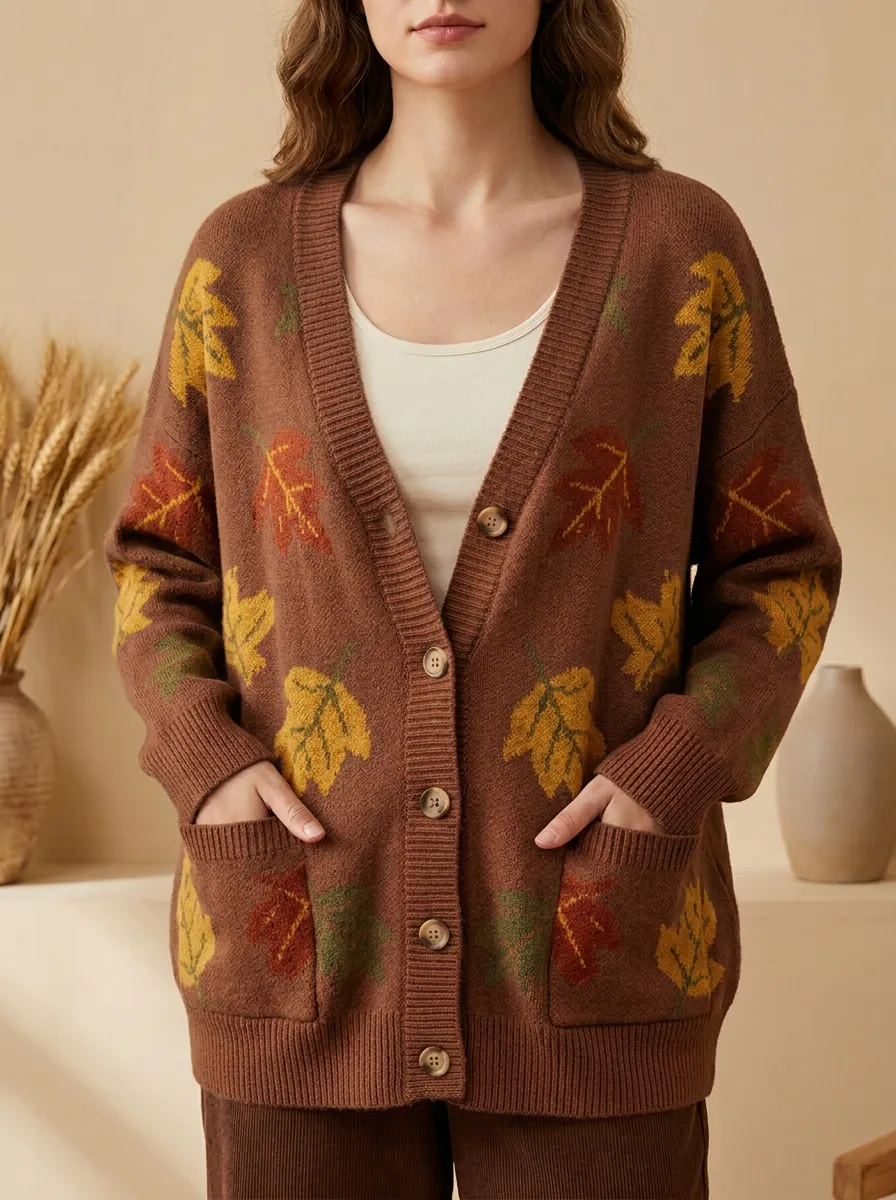 Nature-Inspired Maple Leaf Pattern Patterned Women's Knit Cardigan