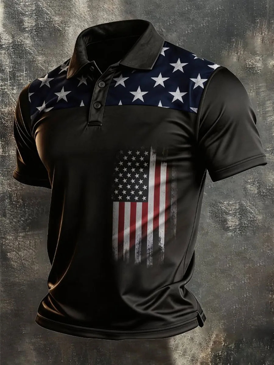 Men'S Retro Patriotic Color-Block Short-Sleeve Polo Shirt
