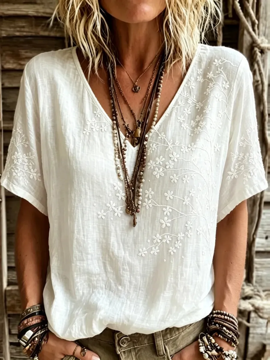Women's Classy Floral Vines Art Print Linen Shirt