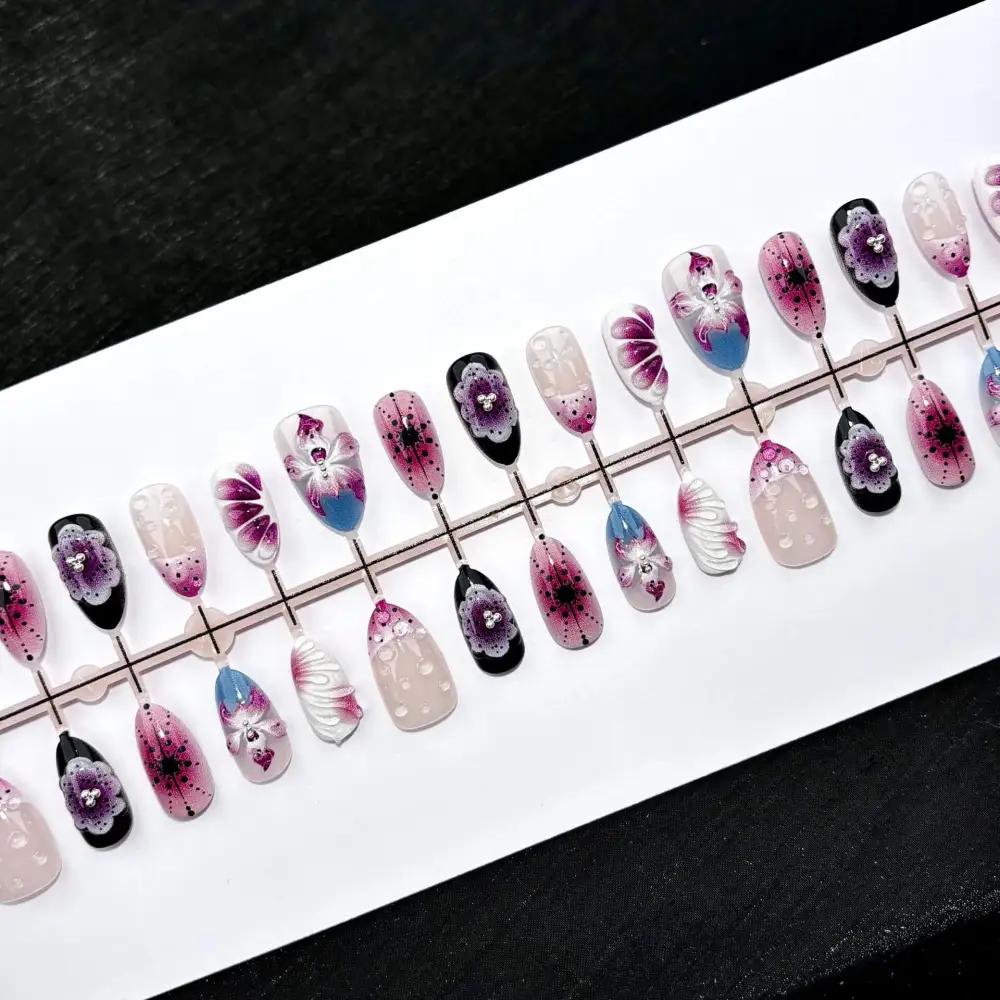 Nailhour 30Pcs Purple 3D Floral Resin Medium Almond Press On Nails
