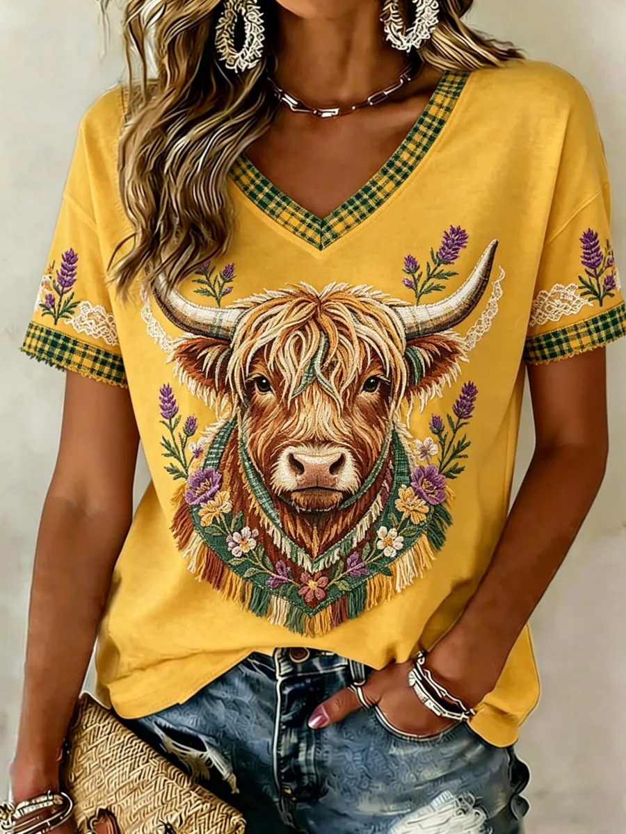 Scottish Highland Cow Print Women's Cotton-Linen V-Neck T-Shirt